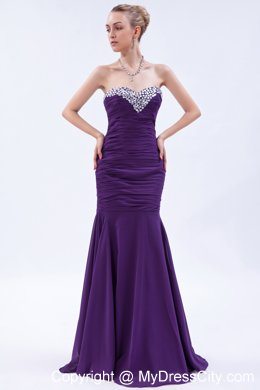 Purple Trumpet Sweetheart Evening Dress with Beading and Ruches