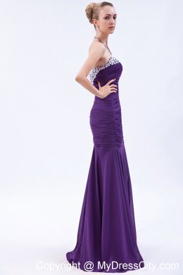 Purple Trumpet Sweetheart Evening Dress with Beading and Ruches