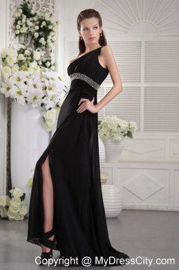 Black One Shoulder Maxi Evening Dresses with Ruches and Beading