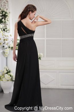 Black One Shoulder Maxi Evening Dresses with Ruches and Beading