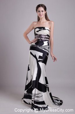 Beautiful Column Strapless Brush Train Printing Beading Evening Dress