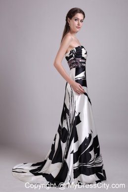 Beautiful Column Strapless Brush Train Printing Beading Evening Dress