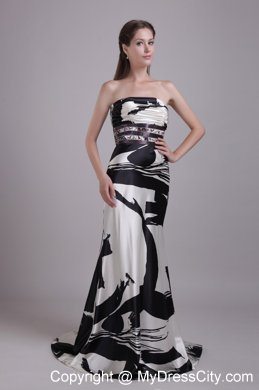 Beautiful Column Strapless Brush Train Printing Beading Evening Dress