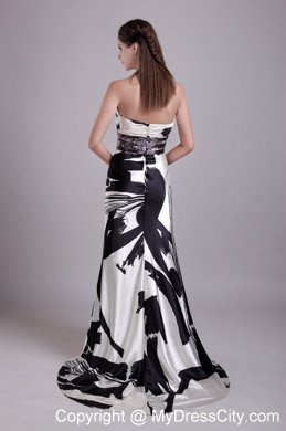 Beautiful Column Strapless Brush Train Printing Beading Evening Dress