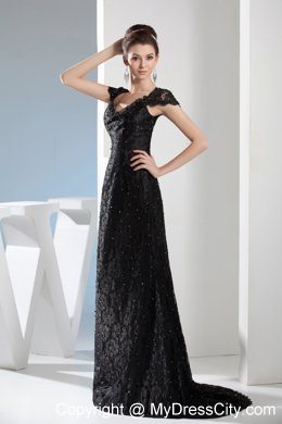 2013 Beading Black Lace V-neck Cap Sleeves Evening Party Dresses