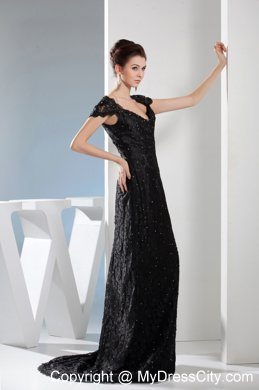 2013 Beading Black Lace V-neck Cap Sleeves Evening Party Dresses