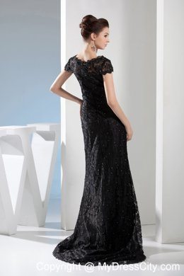 2013 Beading Black Lace V-neck Cap Sleeves Evening Party Dresses