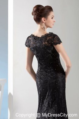 2013 Beading Black Lace V-neck Cap Sleeves Evening Party Dresses