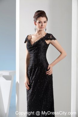 2013 Beading Black Lace V-neck Cap Sleeves Evening Party Dresses