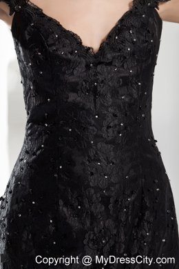 2013 Beading Black Lace V-neck Cap Sleeves Evening Party Dresses