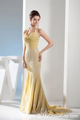 Yellow Mermaid Halter Appliques Ruches Prom Evening Dresses