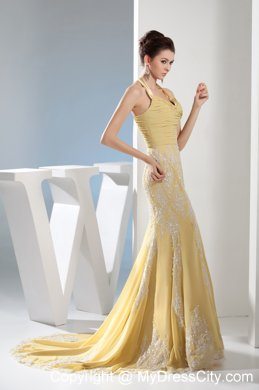 Yellow Mermaid Halter Appliques Ruches Prom Evening Dresses