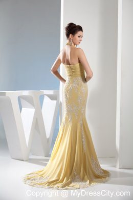 Yellow Mermaid Halter Appliques Ruches Prom Evening Dresses