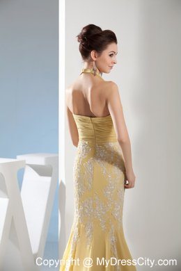 Yellow Mermaid Halter Appliques Ruches Prom Evening Dresses