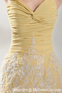 Yellow Mermaid Halter Appliques Ruches Prom Evening Dresses