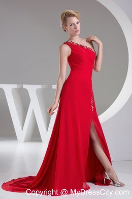 One Shoulder Red Beading High Slit Prom Evening Dress for 2013