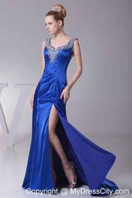 Blue V-neck Beading High Slit Long 2013 Evening Dresses for Celebrity