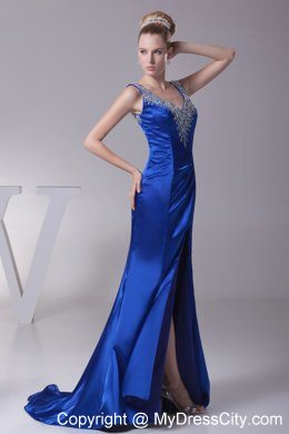 Blue V-neck Beading High Slit Long 2013 Evening Dresses for Celebrity