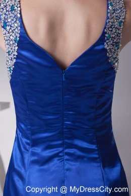 Blue V-neck Beading High Slit Long 2013 Evening Dresses for Celebrity