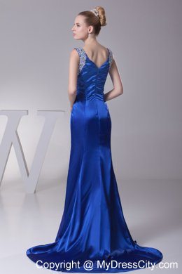 Blue V-neck Beading High Slit Long 2013 Evening Dresses for Celebrity