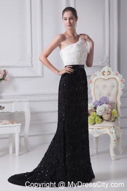 One Shoulder Rolling Flower Mermaid Black and White Evening Dresses