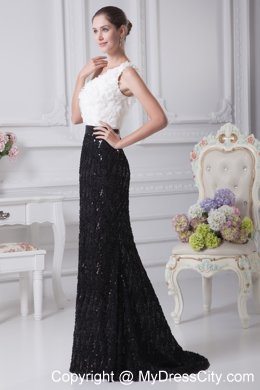 One Shoulder Rolling Flower Mermaid Black and White Evening Dresses