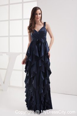 2013 Navy Blue V-neck Ruffled Layers Evening Dress for Girl