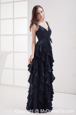 2013 Navy Blue V-neck Ruffled Layers Evening Dress for Girl