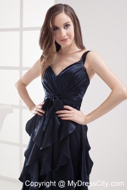 2013 Navy Blue V-neck Ruffled Layers Evening Dress for Girl