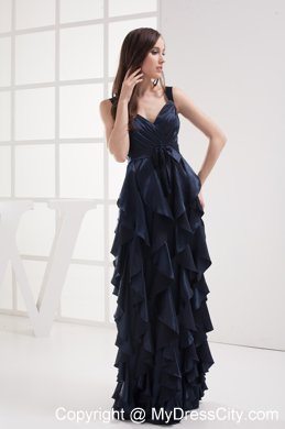 2013 Navy Blue V-neck Ruffled Layers Evening Dress for Girl