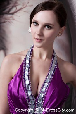 Eggplant Purple Halter Evening Dress Column with Beading 2013