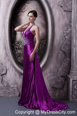 Eggplant Purple Halter Evening Dress Column with Beading 2013