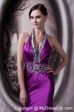 Eggplant Purple Halter Evening Dress Column with Beading 2013