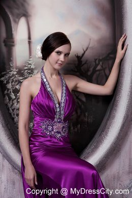 Eggplant Purple Halter Evening Dress Column with Beading 2013