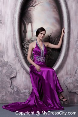 Eggplant Purple Halter Evening Dress Column with Beading 2013