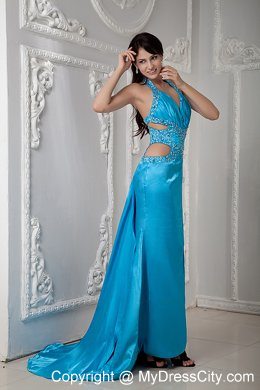 Low Price Teal Halter Evening Dress with Side Cut Out with Beading