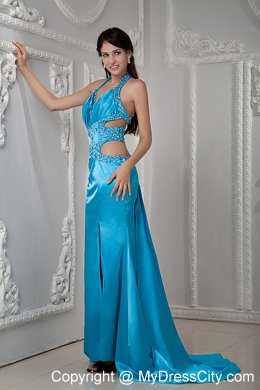 Low Price Teal Halter Evening Dress with Side Cut Out with Beading