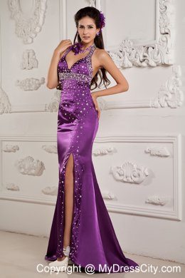 2013 Eggplant Purple Halter Maxi Evening Dresses with Beading