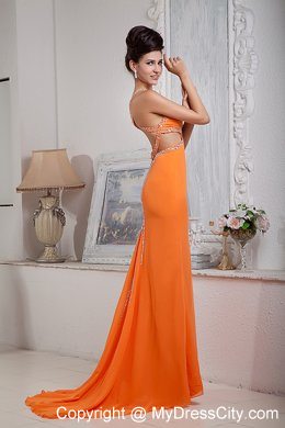 Sexy Orange Red Column Halter Evening Dress with Side Cut Out