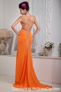 Sexy Orange Red Column Halter Evening Dress with Side Cut Out
