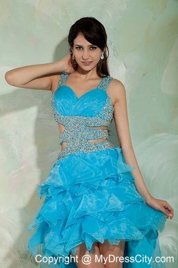Sky Blue A-line Beading High-low Evening Dress with Side Cut Out