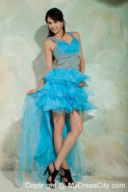 Sky Blue A-line Beading High-low Evening Dress with Side Cut Out