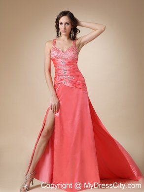 Watermelon Red Strapless Evening Dress with Beading and Ruches