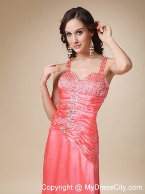 Watermelon Red Strapless Evening Dress with Beading and Ruches