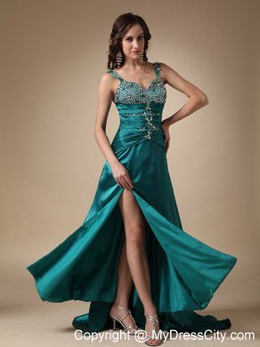 Turquoise Column Straps High Slit Beading Prom Evening Dress