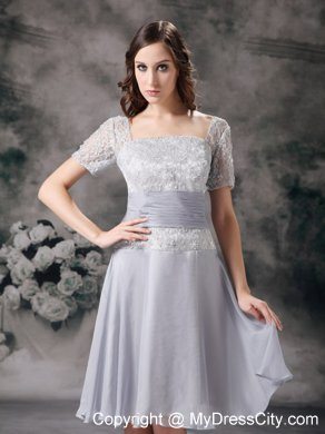 Lilac Square Long Beading Mother Of The Bride Dress with Short Sleeves