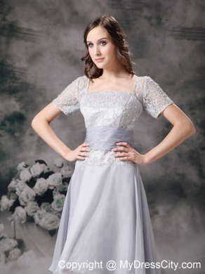 Lilac Square Long Beading Mother Of The Bride Dress with Short Sleeves