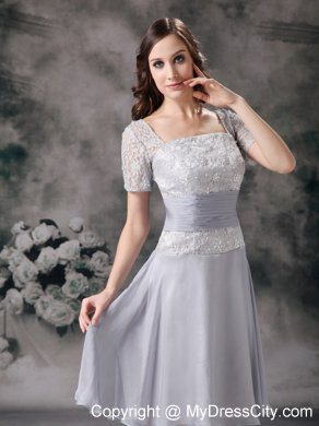 Lilac Square Long Beading Mother Of The Bride Dress with Short Sleeves