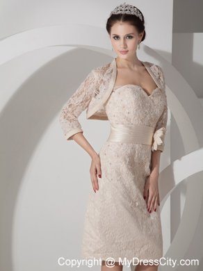 Lace Sweetheart Champagne Column Mini-length Satin Belt Mother Dress