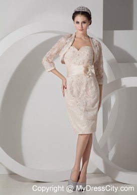 Lace Sweetheart Champagne Column Mini-length Satin Belt Mother Dress